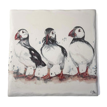 Load image into Gallery viewer, Puffin Stone Coaster with watercolour illustration, Decorative Wildlife Coaster, British artist, Meg Hawkins