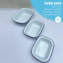 Load image into Gallery viewer, Set of three traditional White Enamel Pie Dishes 32cm, 22cm and 26cm, Traditional Bakeware