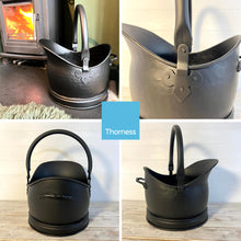 Load image into Gallery viewer, 28cm(h) MATTE BLACK Waterloo style galvanised metal COAL BUCKET with carry handle and support handle | scuttle | hod |Fireside accessory | log store | kindling holder