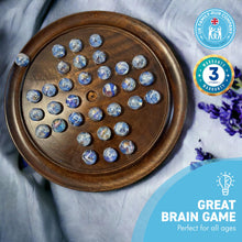 Load image into Gallery viewer, 30cm Diameter WOODEN SOLITAIRE BOARD GAME with VAPOUR GLASS MARBLES | classic wooden solitaire game | strategy board game | family board game | games for one | board games