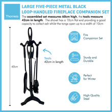 Load image into Gallery viewer, Metal matt black turn-handled 5-piece fireside companion set | Fire companion sets | includes stand, brush, tongs, poker, and shovel | 47cm high | wood burner set | Fireside tools accessories | Fire set