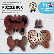 Load image into Gallery viewer, 4-piece Butterfly Wooden Puzzle Box | Wooden Butterfly Puzzle Box | Handmade wooden puzzle box | Handmade Wooden trinket secrets Box | Sustainable Shesham wooden hand carved box | 12cm (w) x 5cm (h)