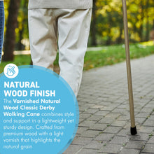 Load image into Gallery viewer, Varnished Natural Wood Classic Derby Walking Stick, solid, lightweight wooden stick with rubber ferrule for stability and comfort