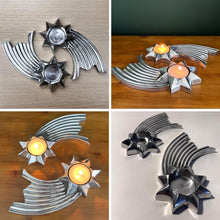Load image into Gallery viewer, Set of Two Celestial Elegance: Brushed Silver Aluminum Shooting Star Tea Light Candle Holders,  Modern Decorative Accent