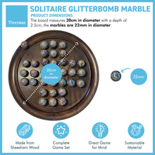 Load image into Gallery viewer, 30cm Diameter WOODEN SOLITAIRE BOARD GAME with GLITTERBOMB GLASS MARBLES | classic wooden solitaire game | strategy board game | family board game | games for one | board games