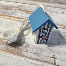 Load image into Gallery viewer, Light Blue and white beach hut light pull | Nautical Theme Wooden Beach Hut Cord Pull Light Pulls