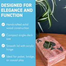 Load image into Gallery viewer, Handcrafted 𝗪𝗢𝗢𝗗𝗘𝗡 𝗣𝗟𝗔𝗬𝗜𝗡𝗚 𝗖𝗔𝗥𝗗 𝗕𝗢𝗫 with Silver Ace of Spades Inlay – Single Deck Storage Case with Playing Cards, Poker Gift for Card Players