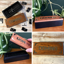 Load image into Gallery viewer, DOMINOES SET IN WOODEN STORAGE BOX – Chrome Inlay Lid – Resin Tiles – Classic Game for Family & Friends