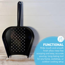 Load image into Gallery viewer, 𝗘𝗡𝗔𝗠𝗘𝗟𝗟𝗘𝗗 𝗦𝗧𝗘𝗘𝗟 𝗪𝗢𝗢𝗗𝗙𝗜𝗥𝗘 𝗣𝗘𝗟𝗟𝗘𝗧 & 𝗖𝗢𝗔𝗟 𝗦𝗛𝗢𝗩𝗘𝗟 – High Gloss Black Metal Scoop| 35.5cm (L) | Dust-Free | Easy Scooping | Durable | BBQ cooking