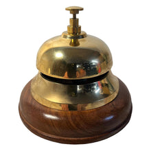 Load image into Gallery viewer, Elegant Brass Reception Desk Bell with Wooden Base , Ideal for Hotels, Schools, and Restaurants (12cm W x 10cm H)