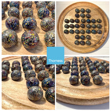 Load image into Gallery viewer, 30cm Diameter WOODEN SOLITAIRE BOARD GAME with GLITTERBOMB GLASS MARBLES | classic wooden solitaire game | strategy board game | family board game | games for one | board games