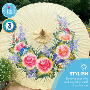 FLORAL OILED PAPER SUNSHADE PARASOL | Sun Protection | Wedding Accessories | UV Protection | Pink and Blue Flowers | Butterflies | Cream