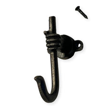 Load image into Gallery viewer, Antique style Iron Coat Hook, Single Hand Grasping Shepherd's Staff Design, 90mm Cast Iron Wall Mount