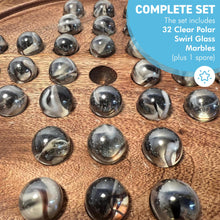 Load image into Gallery viewer, 22cm Diameter wooden SOLITAIRE BOARD GAME with CLEAR POLAR SWIRL GLASS MARBLES | classic wooden solitaire game | strategy board game | family board game | games for one | board games