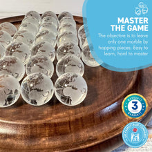 Load image into Gallery viewer, 30cm Diameter WOODEN SOLITAIRE BOARD GAME with 30mm FROSTED GLOBE GLASS MARBLES | classic wooden solitaire game | strategy board game | family board game | games for one | board games