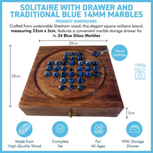 Load image into Gallery viewer, Wooden Solitaire with Drawer for Traditonal Blue Marbles | Travel Games | Strategic & Traditional Games | Perfect for Adults & Family Fun