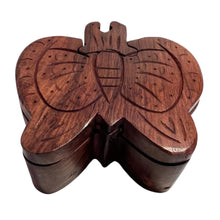 Load image into Gallery viewer, 4-piece Butterfly Wooden Puzzle Box | Wooden Butterfly Puzzle Box | Handmade wooden puzzle box | Handmade Wooden trinket secrets Box | Sustainable Shesham wooden hand carved box | 12cm (w) x 5cm (h)