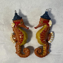 Load image into Gallery viewer, Pair of ceramic cute bobble hat Seahorse hanging ornaments | Light Pulls | Nautical Theme ceramic Cord Pull Light Pulls
