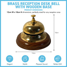 Load image into Gallery viewer, Elegant Brass Reception Desk Bell with Wooden Base , Ideal for Hotels, Schools, and Restaurants (12cm W x 10cm H)