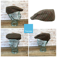 Load image into Gallery viewer, Unisex 60cm L/XL TWEED Flat Cap |Mixed Wool Polyester Green Tweed Country Cap | Tweed Hat | Peaked Cap | Black Quilted Lining
