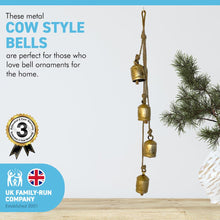 Load image into Gallery viewer, 4 LARGE COW BELLS Distressed Gold hanging on a Rustic Rope | Cow Bells | Bells | Ornamental Bells | Decorative Bells | Rustic Bells | Christmas Bells | Decorations | Home decor