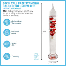 Load image into Gallery viewer, 30cm Tall Free Standing Galileo Thermometer with seven red floating globes | measures temperatures from 16 degrees Centigrade to 28 degrees | also in Fahrenheit | Weather station | Water Thermometer