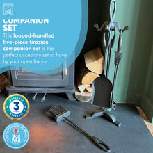 Load image into Gallery viewer, Metal matt black turn-handled 5-piece fireside companion set | Fire companion sets | includes stand, brush, tongs, poker, and shovel | 47cm high | wood burner set | Fireside tools accessories | Fire set