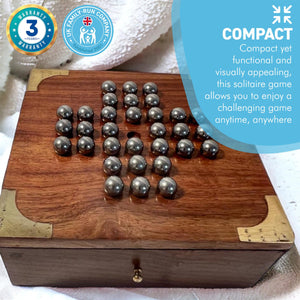 Handmade compact wooden classic solitaire game with stainless steel balls | 13cm x 13cm with storage draw | Travel game