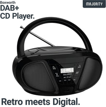 Load image into Gallery viewer, PORTABLE CD PLAYER & DAB BOOMBOX | Bluetooth, DAB+ Digital Radio & FM | USB & AUX Playback | Clear 2.0 Stereo Sound | Majority Boxworth | 15hr Battery Playtime