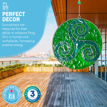 Load image into Gallery viewer, GREEN TRISKELION SUNCATCHER | Light Catcher | Garden Round Hanging Ornament Suncatcher | Feng Shui | Triskelion Motif | Suncatchers | Light Catchers