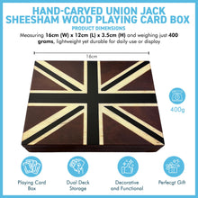 Load image into Gallery viewer, Hand Carved Sheesham Wood Union Jack Card Box,  Premium Storage Case with Green Baize Lining & 2 Decks of Playing Cards