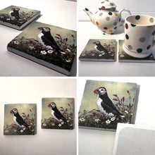 Load image into Gallery viewer, 2 x Green Stone Coasters with Puffin, Wildlife Watercolour Design, Wildlife Coasters