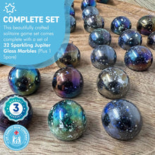 Load image into Gallery viewer, 30cm Diameter MANGO WOOD SOLITAIRE BOARD GAME with SPARKLY JUPITER GLASS MARBLES | |classic wooden solitaire game | strategy board game | family board game | games for one | board games