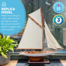 Load image into Gallery viewer, Fully Rigged Lulworth Model Yacht | 65cm (L) x 72cm (H) | Nautical ornament | sailboat model | Lulworth sailing ship model | Fully assembled model boat ready for display
