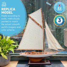 Load image into Gallery viewer, Fully Rigged Lulworth Model Yacht | 65cm (L) x 72cm (H) | Nautical ornament | sailboat model | Lulworth sailing ship model | Fully assembled model boat ready for display