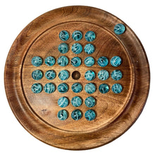 Load image into Gallery viewer, 22cm Diameter wooden SOLITAIRE BOARD GAME with BRILLIANT BLUE OXYGEN GLASS MARBLES | classic wooden solitaire game | strategy board game | family board game | games for one | board games