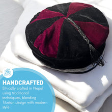 Load image into Gallery viewer, Size 56cm, small, Handmade Nepalese Burgundy Red and Black velvet Smoking Cap with traditional Tibetan design, lightweight, stylish design