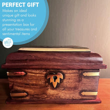 Load image into Gallery viewer, Wooden lockable Trinket Box with brass inlay, decorative detailing, and key for secure storage