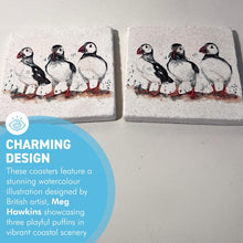Load image into Gallery viewer, Two Puffin Stone Coasters with watercolour illustration, Decorative Wildlife Coasters, British artist, Meg Hawkins