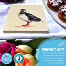 Load image into Gallery viewer, PROFESSOR PUFFIN STONE COASTER | Stone Coasters | Animal novelty gift | Coaster for glass, mugs and cups| Square coaster for drinks | Puffin gift | Meg Hawkins art | 10cm x 10cm