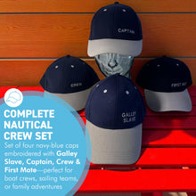 Load image into Gallery viewer, Set of 4 Adjustable Navy-Blue Baseball Caps, Galley Slave, Captain, Crew & First Mate, Nautical Boating Hats for Sailing, Yachting & Team Uniform