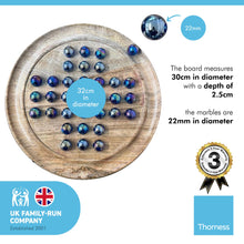 Load image into Gallery viewer, 30cm Diameter MANGO WOOD SOLITAIRE BOARD GAME with Lustered Blue Glass Marbles | |classic wooden solitaire game | strategy board game | family board game | games for one | board games