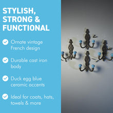 Load image into Gallery viewer, Set of 4 𝗙𝗥𝗘𝗡𝗖𝗛 𝗦𝗧𝗬𝗟𝗘 𝗖𝗔𝗦𝗧 𝗜𝗥𝗢𝗡 𝗗𝗢𝗨𝗕𝗟𝗘 𝗛𝗢𝗢𝗞𝗦 – Duck Egg Blue Ceramic Tops, Wall Coat Hooks for Hallway, Cloakroom, Bedroom