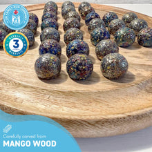 Load image into Gallery viewer, 30cm Diameter WOODEN SOLITAIRE BOARD GAME with GLITTERBOMB GLASS MARBLES | classic wooden solitaire game | strategy board game | family board game | games for one | board games