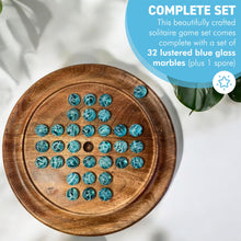 Load image into Gallery viewer, 22cm Diameter wooden SOLITAIRE BOARD GAME with BRILLIANT BLUE OXYGEN GLASS MARBLES | classic wooden solitaire game | strategy board game | family board game | games for one | board games