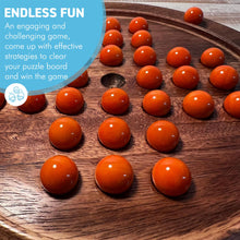 Load image into Gallery viewer, 22cm Diameter wooden SOLITAIRE BOARD GAME with OPAL ORANGE GLASS MARBLES | classic wooden solitaire game | strategy board game | family board game | games for one | board games