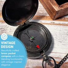 Load image into Gallery viewer, Brass Pocket Compass with chain in wooden keepsake box, ideal for outdoor use