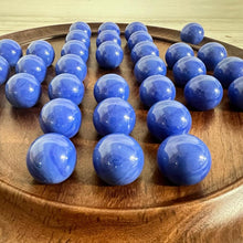 Load image into Gallery viewer, 30cm Diameter DARK WOOD SOLITAIRE BOARD GAME with OPAL BLUE Glass Marbles | |classic wooden solitaire game | strategy board game | family board game | games for one | board games