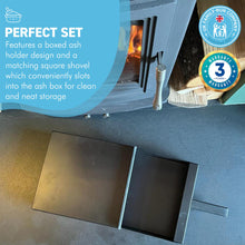 Load image into Gallery viewer, Black powder coated FIRESIDE METAL SQUARE ASH PAN CARRIER BOX AND SHOVEL SET |  Easy Cleaning of Ashes Ideal Fireplace Accessory for Indoor Log Burner & Open Fires