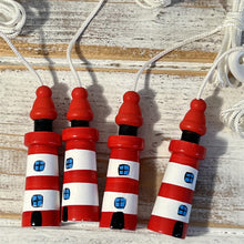 Load image into Gallery viewer, Set of 4 Red and white Lighthouse light pulls | Nautical Theme Wooden Lighthouse Cord Pull Light Pulls